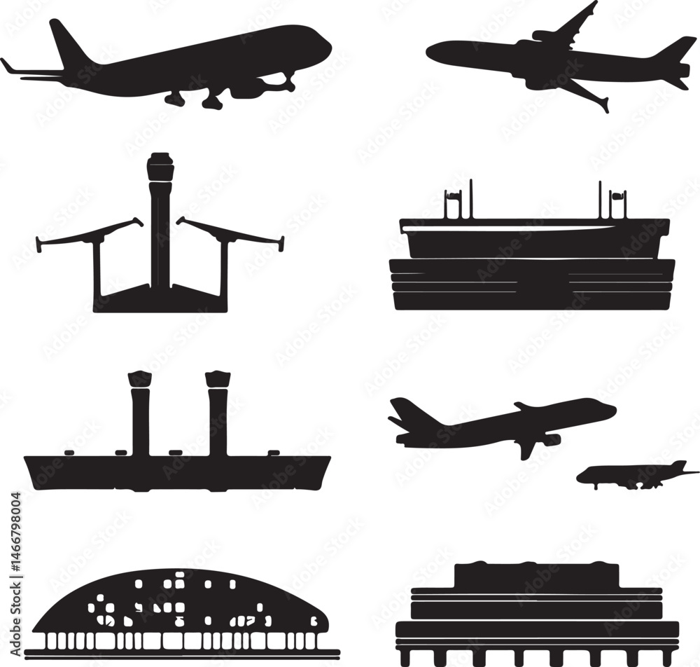 Black and White Airport Silhouette Vector Graphics: Airplanes Taking Off, Control Tower, Terminal Buildings, Aviation Design Elements Black and White Airport Silhouette Vector Graphics: Airplanes Taking Off, Control Tower, Terminal Buildings, Aviation Design Elements
