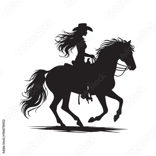 Cowgirl on Horse Vector Silhouette, Western Spirit, Cowboy Life, Equestrian Style, Wild West Adventure, Country Girl, Rustic Charm.
