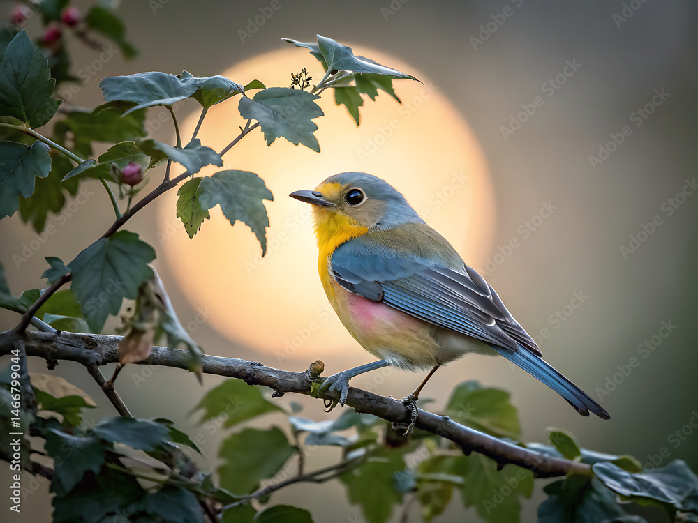 Obraz premium A small songbird perched on a branch against a glowing full‑moon backdrop 