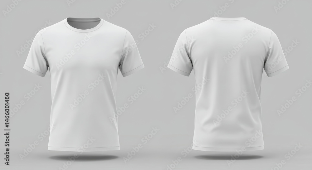 Blank white men's t-shirt, front and back view, on a neutral gray background. Mockup of a unisex short sleeve tee, ready for design applications, showing front and back. Blank white men's t-shirt, front and back view, on a neutral gray background. Mockup of a unisex short sleeve tee, ready for design applications, showing front and back.