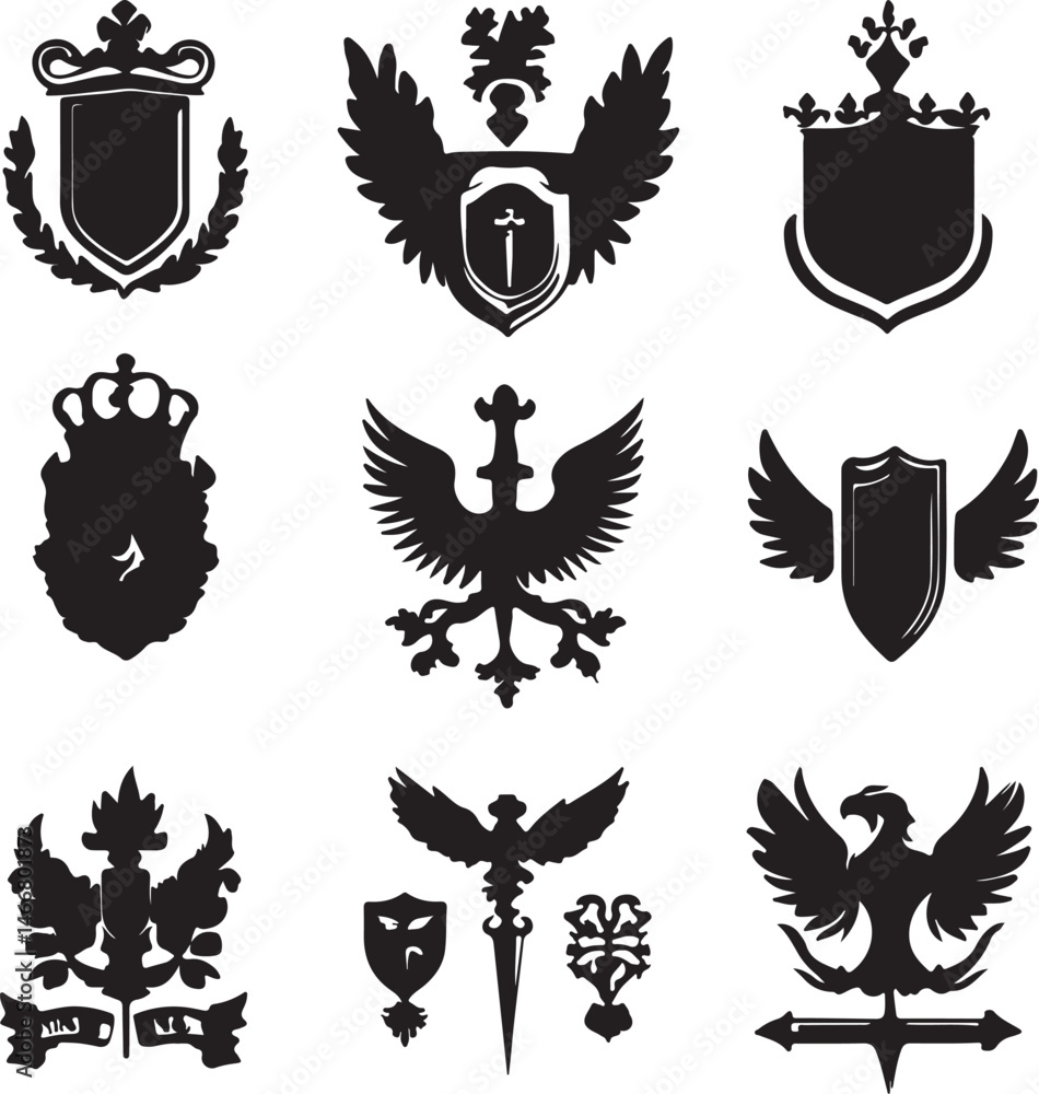 Fototapeta premium Heraldic Crests & Shields Vector Set: Medieval Coat of Arms Designs, Black Silhouette Illustrations for Logo, Emblem, and Graphic Design Projects