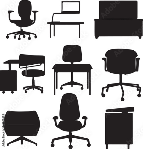 Office Furniture Silhouettes: Vector Graphics of Chairs, Desks, and Cabinets for Interior Design and Workspace Planning Resources