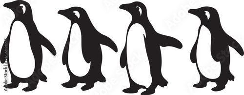 Silhouette Penguins Vector Illustration: Black and White Graphic Design of Four Cute Penguins Walking in a Row, Animal Clipart for Kids