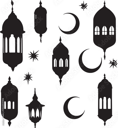 Ramadan Kareem Silhouette Vector: Islamic Lanterns, Crescent Moons, Stars - Eid Mubarak Decoration, Arabic Design Elements, Black and White Art
