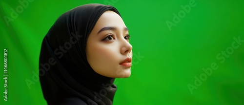 Woman in hijab studio portrait against green screen
