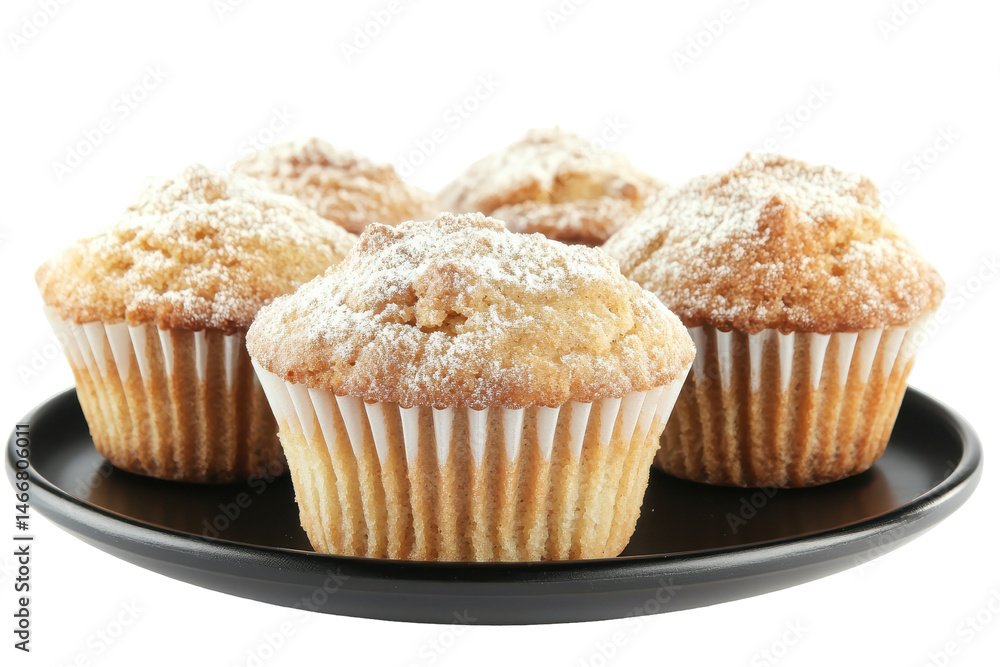 Powdered muffin medley set on a black tray invites a sweet temptation Powdered muffin medley set on a black tray invites a sweet temptation