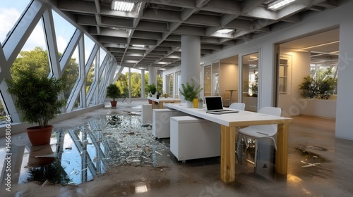 Modern office space with flooding and water damage, disrupted work environment, ruined furniture, and emergency situation indoors