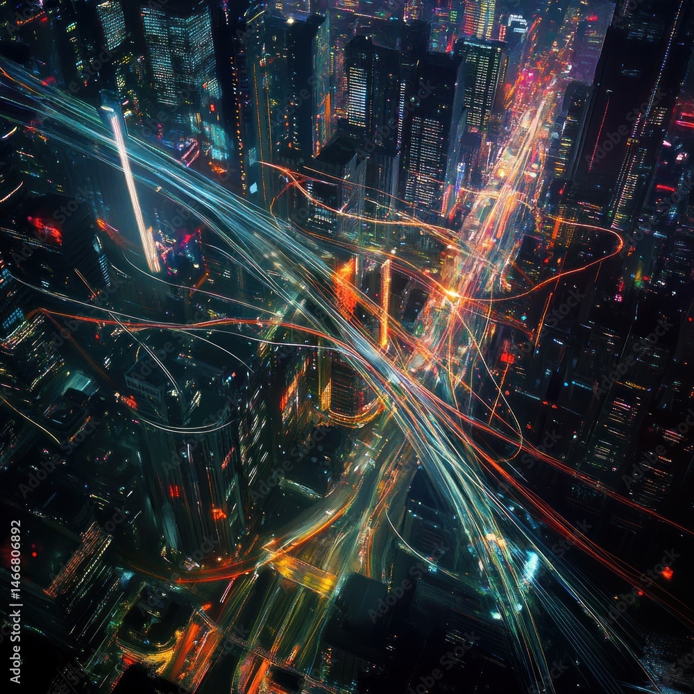 Aerial view of a vibrant, busy city at night, showcasing interconnected roadways and illuminated skyscrapers Aerial view of a vibrant, busy city at night, showcasing interconnected roadways and illuminated skyscrapers