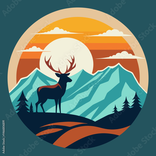 a circle an with deer staying on the top of the mountain