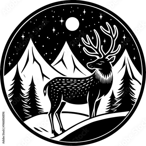 circle an with deer staying on the top of the mountain on white background