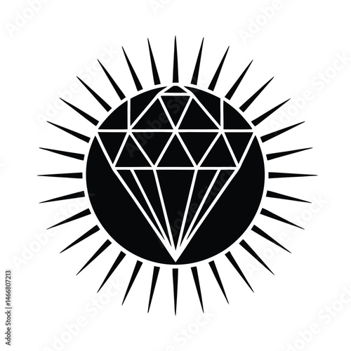 Vector illustration of a radiating diamond gem emblem with sharp sun ray details on a white background, stylish design.