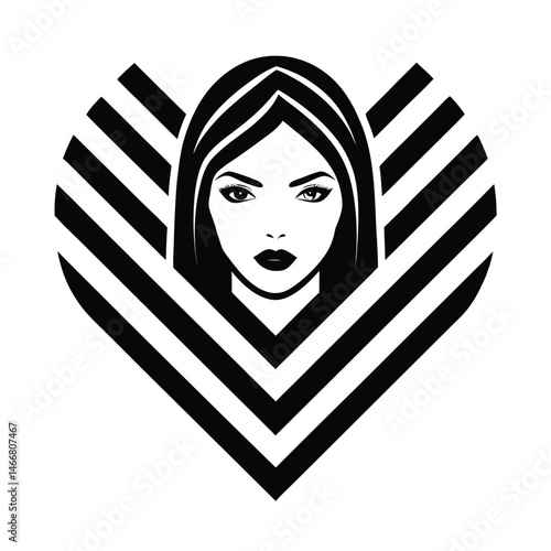 A stylish black and white illustration featuring a beautiful woman's face embraced within a heart-shaped striped design