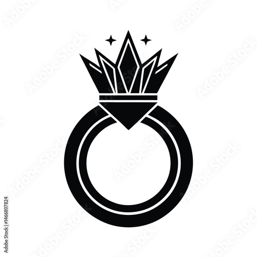 Elegant black silhouette of a regal engagement ring with a crown and two sparkling stars isolated on a white background