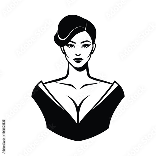 A sophisticated black and white illustration of an elegant woman with a stylish hairstyle and a low neckline dress.