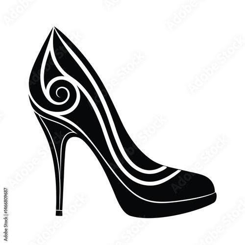 Elegant black and white vector illustration of a stylized high heel stiletto shoe design for fashion concepts