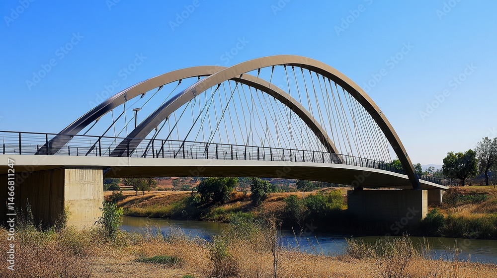 Naklejka premium A bold curved steel bridge, its deck held aloft by two sleek, symmetrical arches, combining modern aesthetics with robust structural design.
