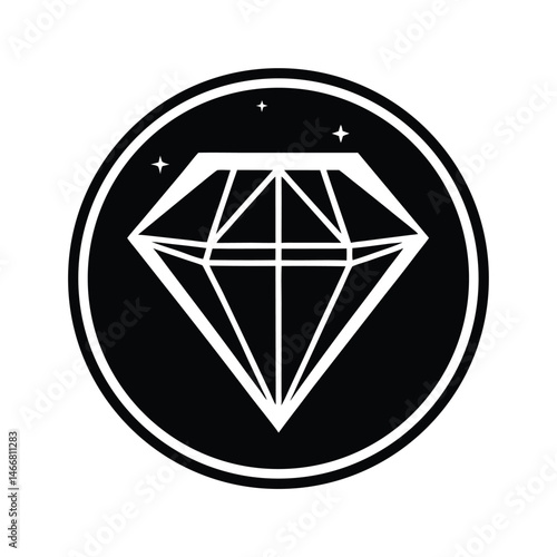 Elegant black and white diamond logo within a circular frame and sparkling stars suitable for design and branding