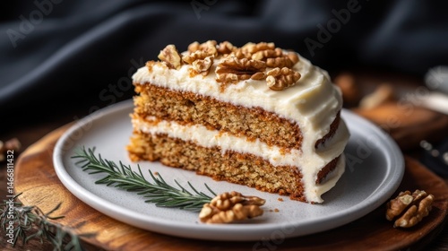 Wallpaper Mural Slice of Moist Carrot Cake with Cream Cheese Frosting, Topped with Walnuts on White Plate, Close Up Torontodigital.ca