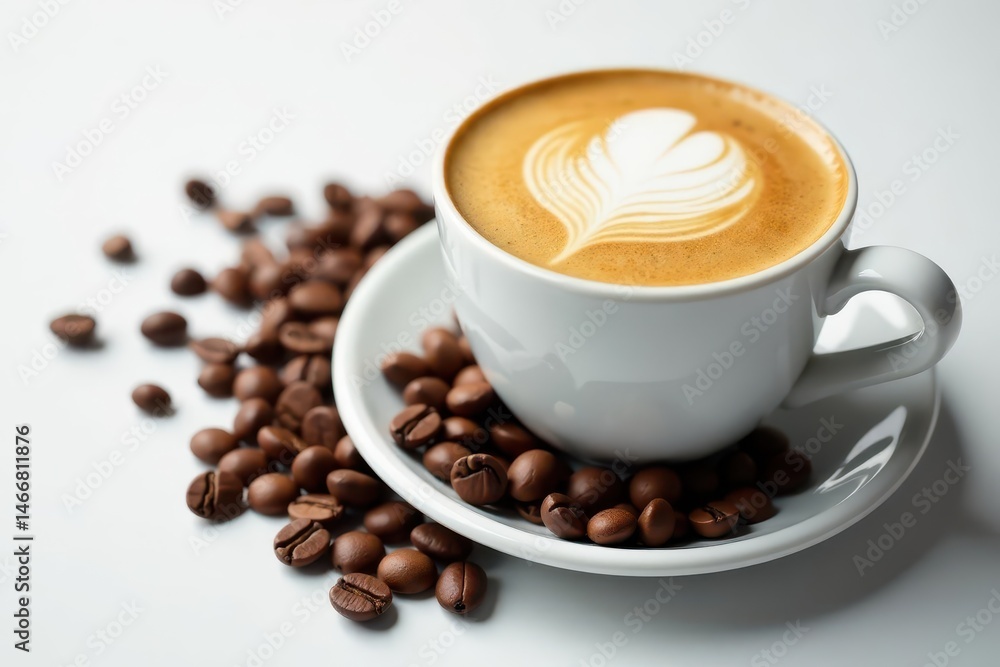 Fototapeta premium Close-up, cafe latte, scattered coffee beans, clean white surface, photography, beverage, creamy