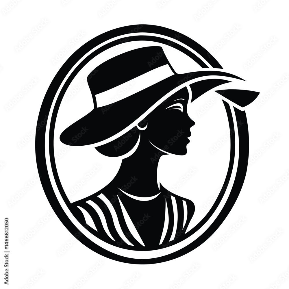 Fototapeta premium Elegant black and white silhouette of a woman wearing a stylish hat inside a circular frame for fashion designs