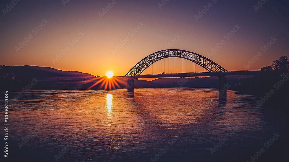 Naklejka premium A breathtaking sunset over the New River Bridge in West Virginia, its iconic steel arch glowing against the clear sky, reflecting in the serene river below. 