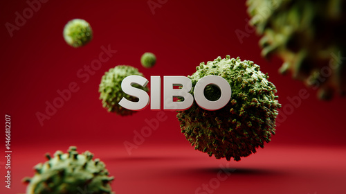 SIBO surrounded by green viruses on a vibrant red background highlighting health themes