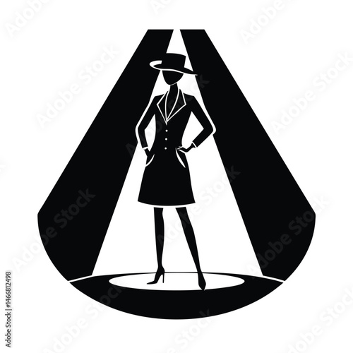 Silhouette of a confident woman wearing a hat and dress standing in a spotlight in a stylish minimalist illustration