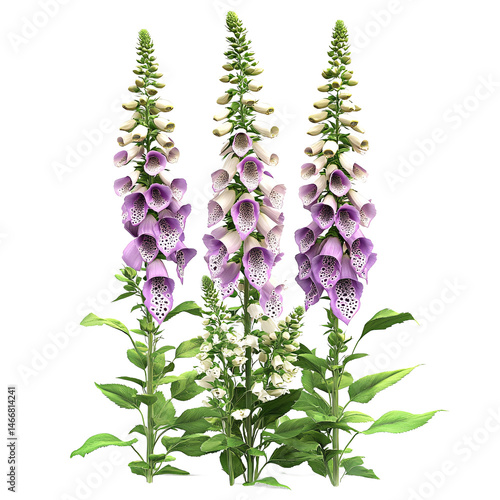 Stunning Purple and White Foxglove Flowers Isolated on Transparent Background Botanical Illustration
