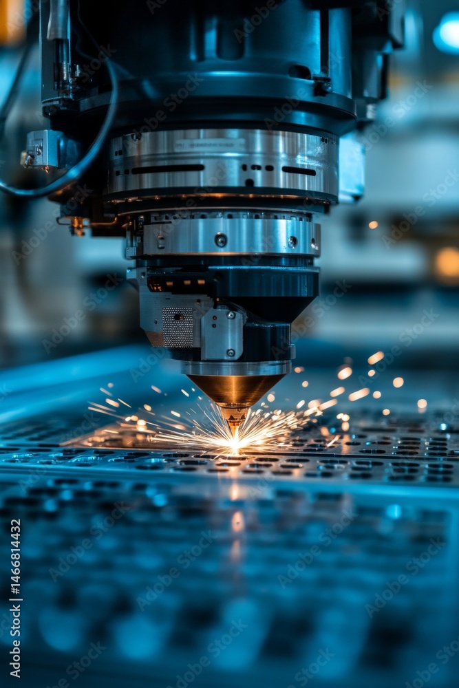 Close-up Industrial Laser Cutter in Action, Blue Laser Cutting Metal Sheet with Sparks Close-up Industrial Laser Cutter in Action, Blue Laser Cutting Metal Sheet with Sparks