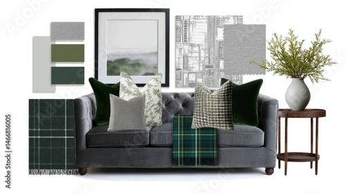 Gray velvet sofa with green plaid throw pillows living room design