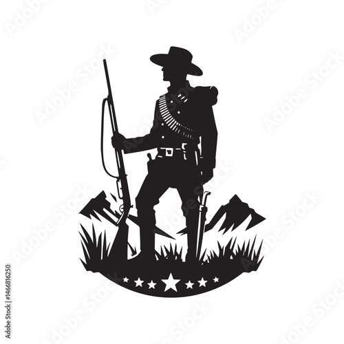 Frontier Marshal Vector Silhouette, Wild West Lawman, Cowboy Justice, Western Hero, Sheriff, Outlaw Hunter, Rugged Frontier Spirit, Law Enforcement.
