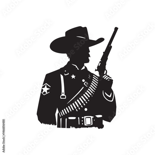 Frontier Marshal Vector Silhouette, Wild West Lawman, Cowboy Justice, Western Hero, Sheriff, Outlaw Hunter, Rugged Frontier Spirit, Law Enforcement.
