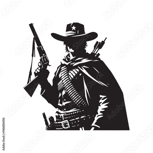 Frontier Marshal Vector Silhouette, Wild West Lawman, Cowboy Justice, Western Hero, Sheriff, Outlaw Hunter, Rugged Frontier Spirit, Law Enforcement.
