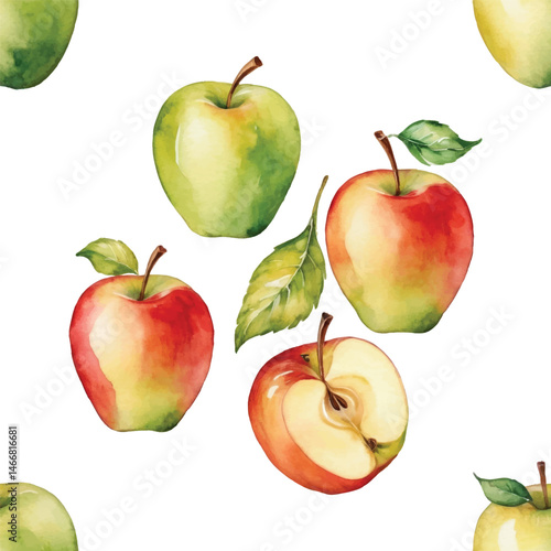  Seamless Watercolor Apple Pattern on White Background.