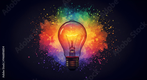 Light bulb on black background with rainbow color splash