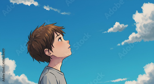 Young boy looking up blue sky . Digital painting style