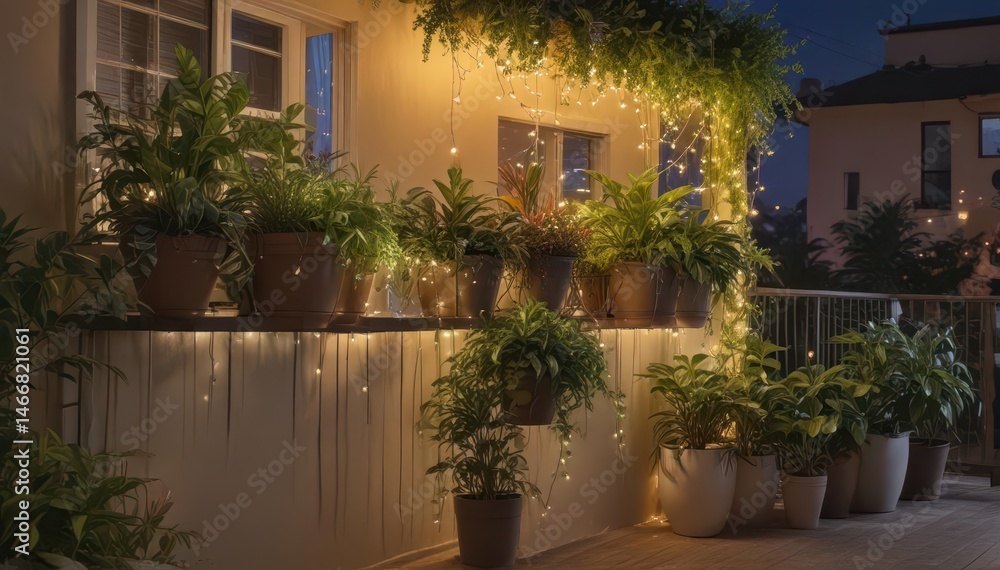 Naklejka premium Inviting balcony, lush plants cascade from planters, soft glow of string lights, creating a relaxing urban oasis, string lights, relaxing, oasis