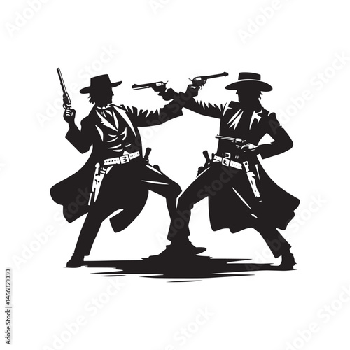 Gunfighter Duel Vector Silhouette, Western Standoff, High Noon Showdown, Wild West Face-Off, Cowboy Tension, Frontier Justice, Classic Western Clash.
