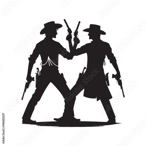 Gunfighter Duel Vector Silhouette, Western Standoff, High Noon Showdown, Wild West Face-Off, Cowboy Tension, Frontier Justice, Classic Western Clash.