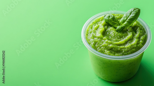 Fresh Green Smoothie in Plastic Cup with Basil on Green Background