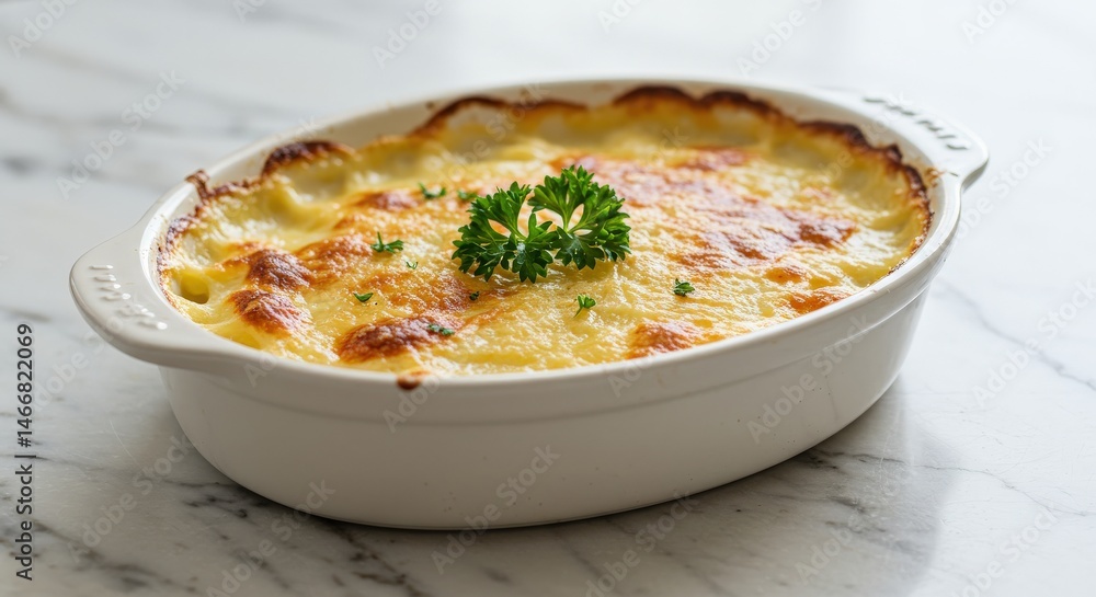 Bright daylight photo on marble surface, Gratin Dauphinois topped with parsley, minimalist and clean styling. Bright daylight photo on marble surface, Gratin Dauphinois topped with parsley, minimalist and clean styling.