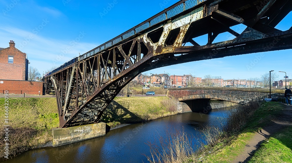 Obraz premium A deteriorating iron bridge, its corroded understructure flaking away, vividly illustrating the ongoing battle between metal and oxidation. 