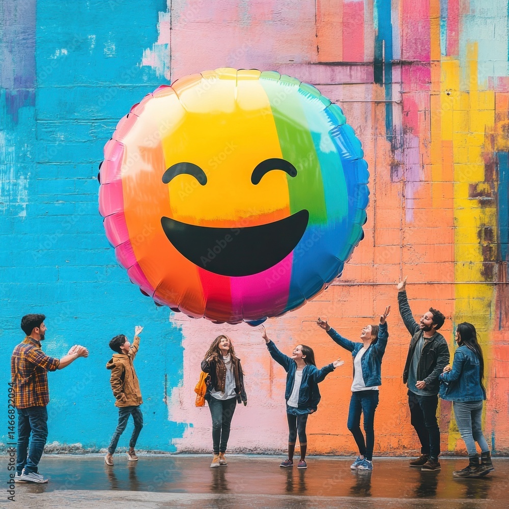 Naklejka premium Group of people celebrating with a giant rainbow emoji balloon against a colorful urban wall