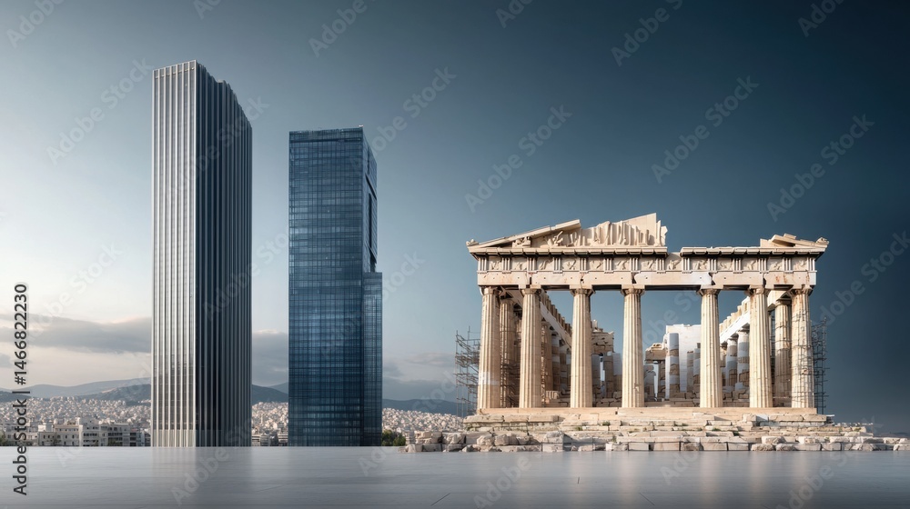 Fototapeta premium Dramatic Contrast Between Modern Architecture and Historical Structure of the Parthenon