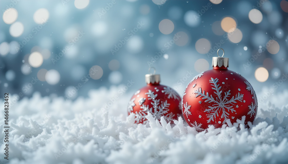 Two festive red Christmas ornaments with white snowflake designs resting on a bed of soft snow. The blurred background with bokeh lights enhances the holiday spirit, creating a magical winter scene Two festive red Christmas ornaments with white snowflake designs resting on a bed of soft snow. The blurred background with bokeh lights enhances the holiday spirit, creating a magical winter scene