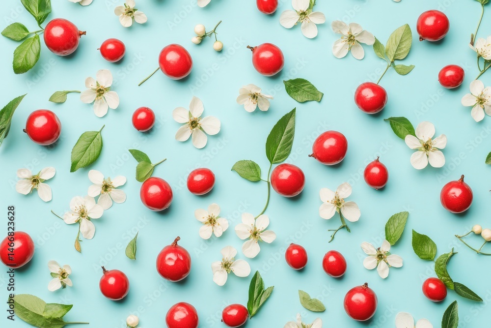 Vibrant red berries and white blossoms arranged on a pastel blue background Vibrant red berries and white blossoms arranged on a pastel blue background