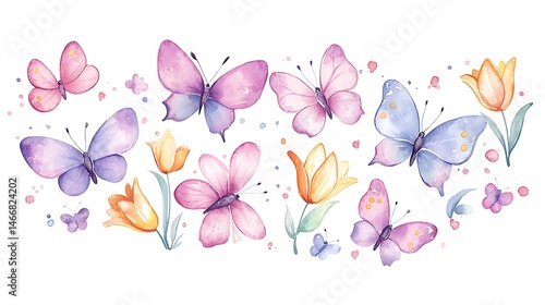 Fototapeta Naklejka Na Ścianę i Meble -  Butterflies and floral watercolor art nature landscape colorful watercolor illustration