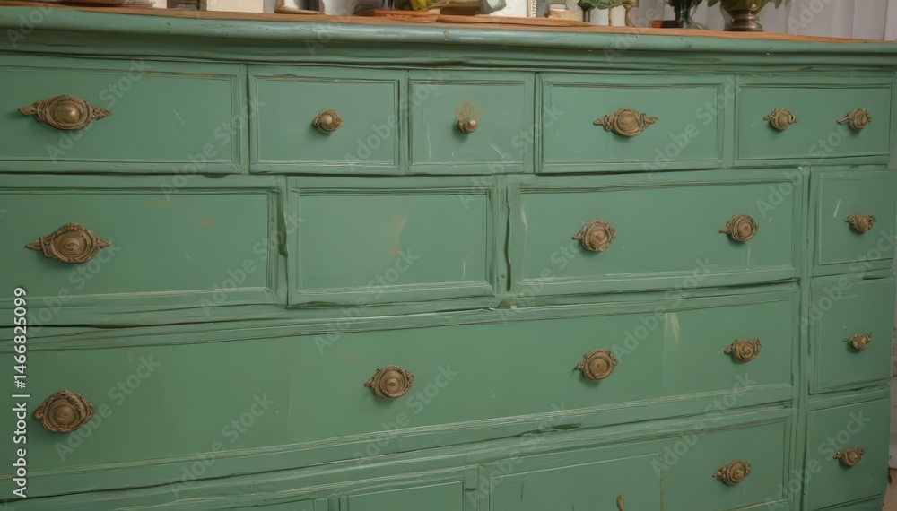 Fototapeta premium Antique green painted dresser with multiple drawers, chest, home