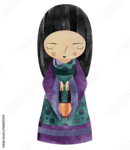 Watercolor Kokeshi doll clip art