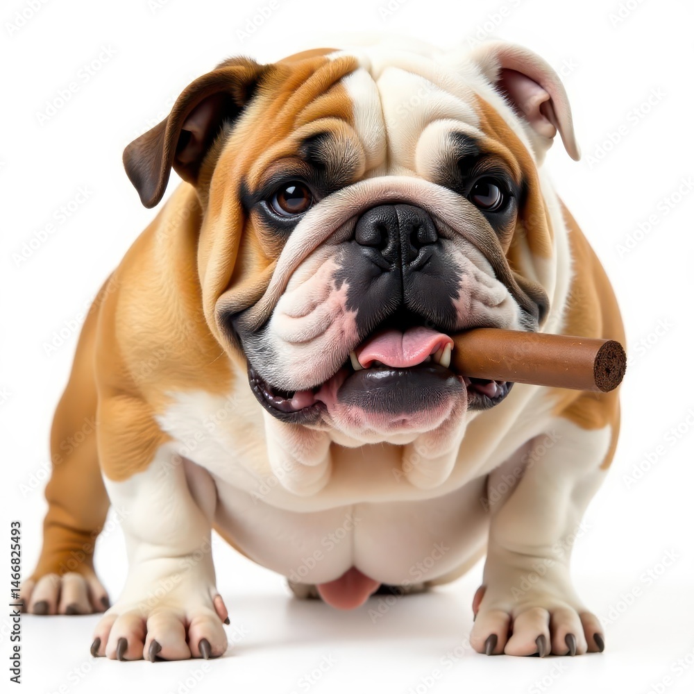 Obraz premium A stout bulldog, cigar clenched in its jaws, isolated on white , friendly, stubborn, strong